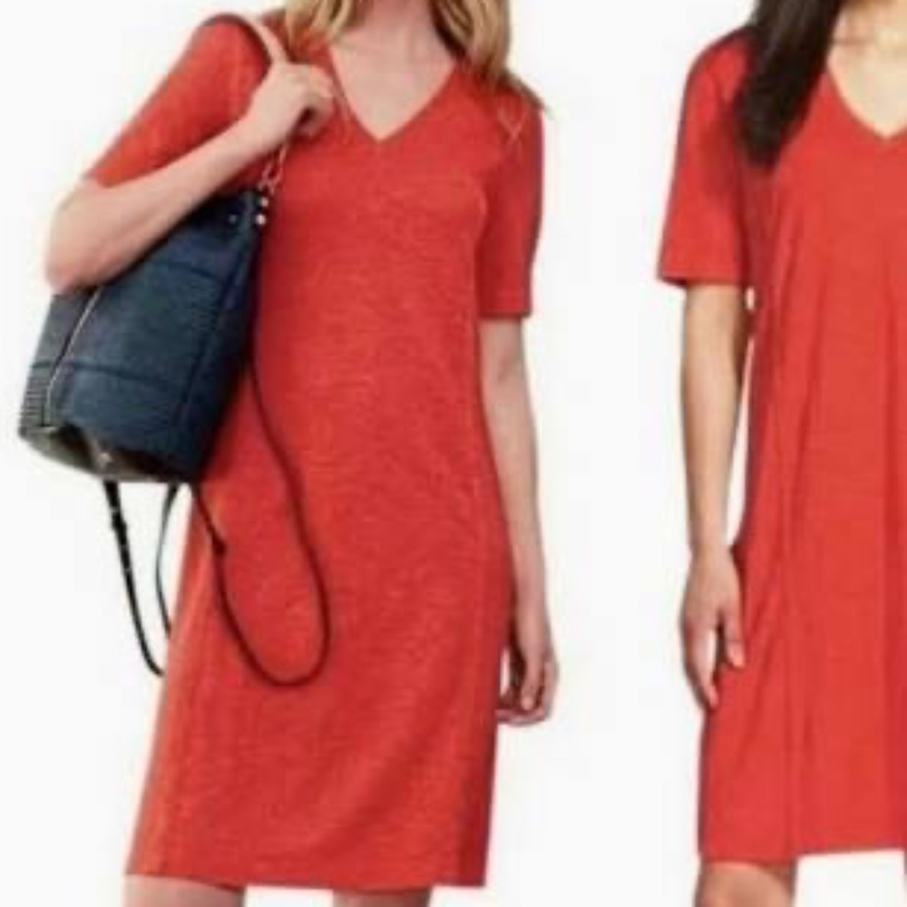Eileen Fisher Hemp/Organic Cotton Orange V-Neck Short Sleeve Dress Sz L‎